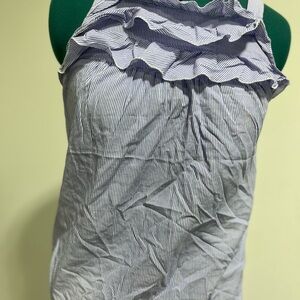 LOFT Navy and White Ruffle Blouse